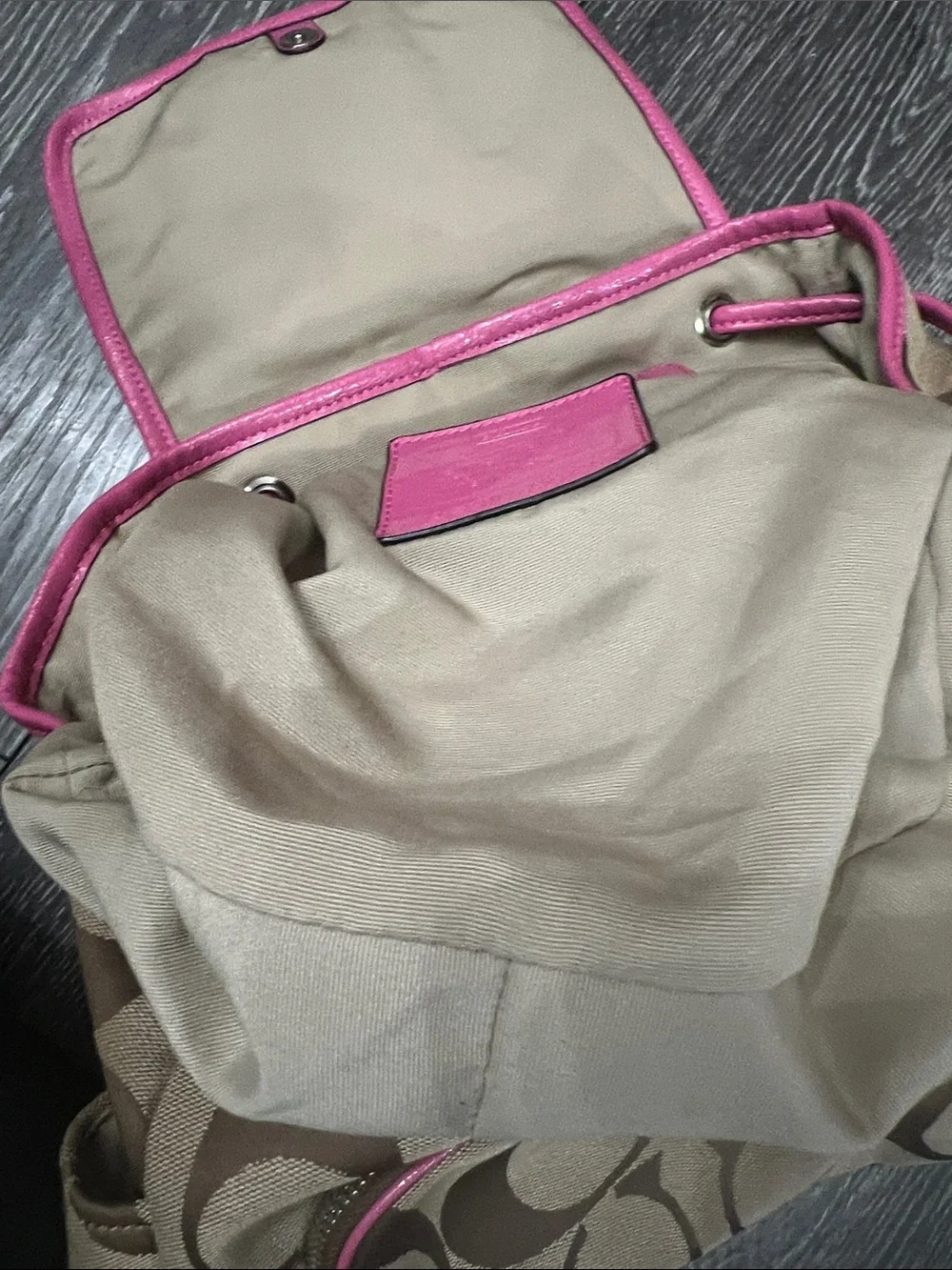 Coach Brown Signature Canvas Backpack with Pink Trim